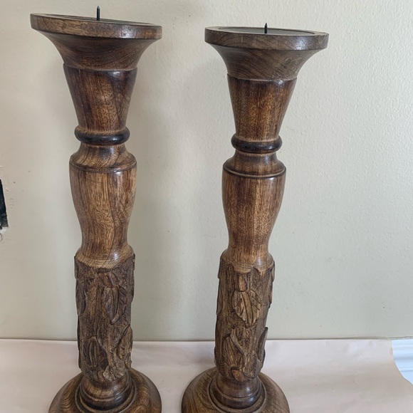 Hand Carved Wooden Pillar Candle Holders Rustic Farmhouse 18”Tall Set of 2 India